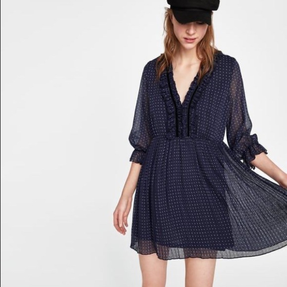 Zara Navy Blue Polka Dot Ruffled V-Neck Dress